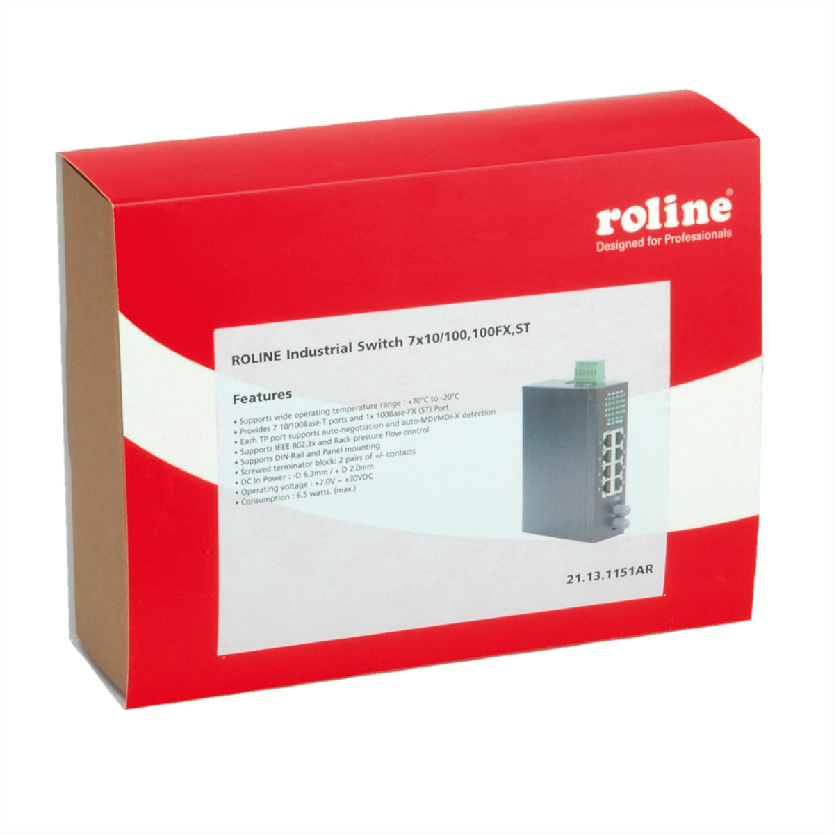 ROLINE Industrie Switch – Unmanaged – 7× 100 Mbit/s (RJ‑45), 1× ST (100Base‑FX), DIN-Hutschiene