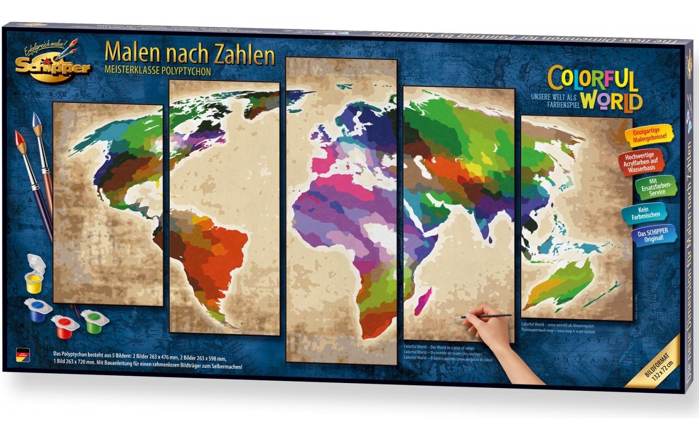 Schipper Malen-nach-Zahlen-Set – Weltkarte – 26,3 × 47,6 cm – 5-teilig – ab 8 Jahren