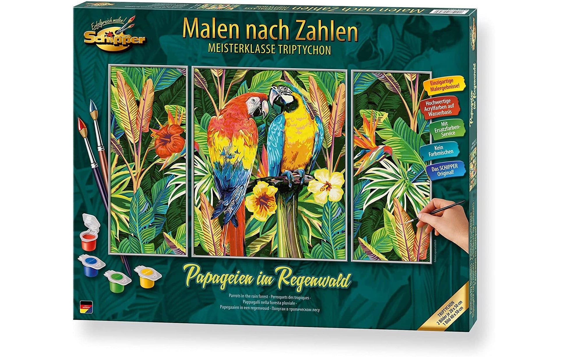 Schipper Malen-nach-Zahlen-Set – Papageien im Regenwald – 3-teilig, 40 × 50 + 2 × 20 × 50 cm – ab 8 Jahren