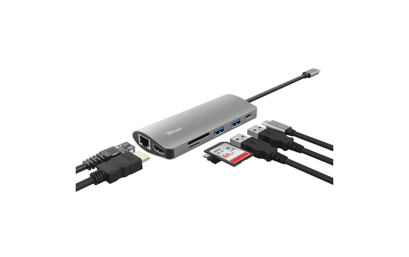 Trust Dalyx 7-in-1 USB-C-Hub – für USB-C-Geräte, HDMI, Gigabit-LAN, Silber