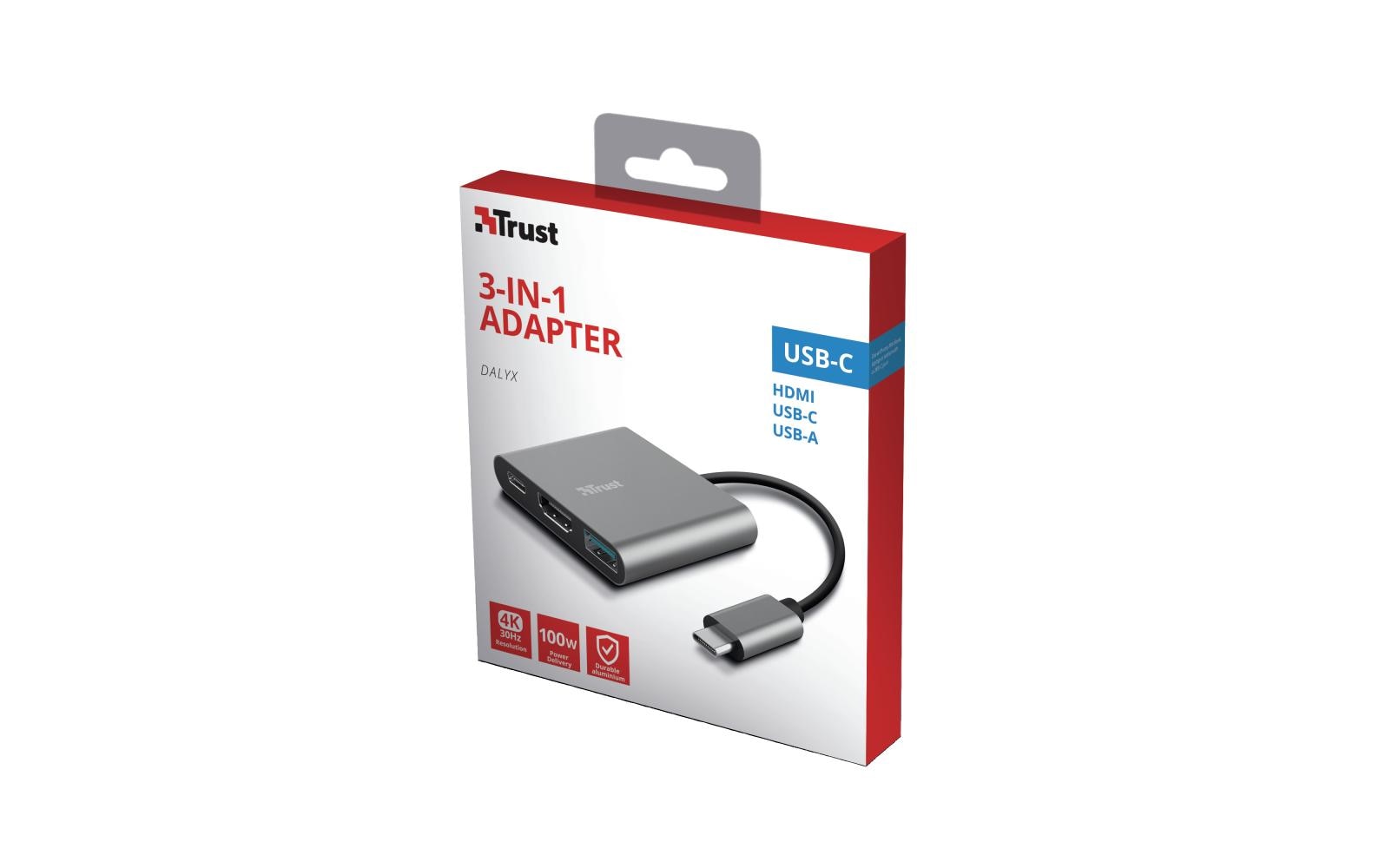 Trust Dalyx Multiport-Adapter – USB-C, 1× HDMI, 1× USB-A, 100 W PD, für Windows/Mac/Android