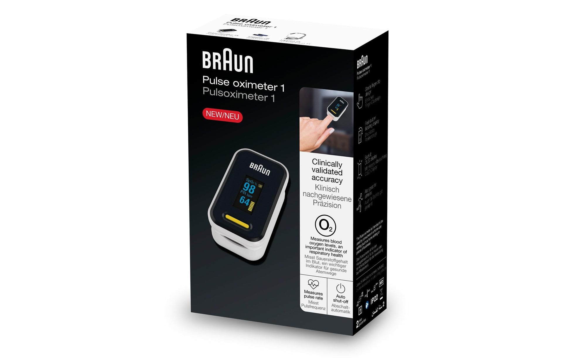 Braun Pulsoximeter YK-81CEU – batteriebetrieben, OLED-Display – 2× AAA – schwarz – Edelstahl