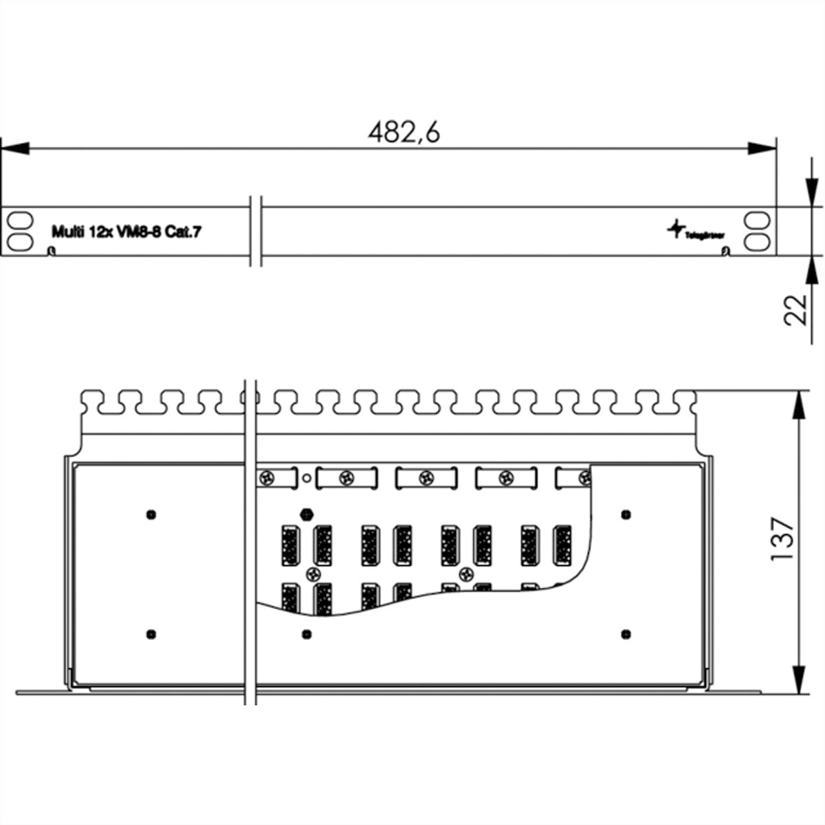 Telegärtner Rangierpanel 19" 1/2 HE, 1 Port, Cat7/Klasse F, geschirmt, Aufputz – grau