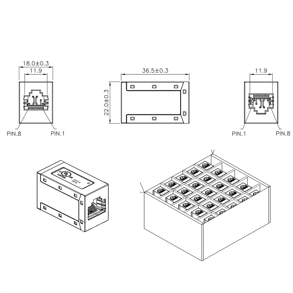 ROLINE RJ-45-Kupplung – geschirmt, Cat6 (Klasse E), 25er Pack, Metall, silberfarben