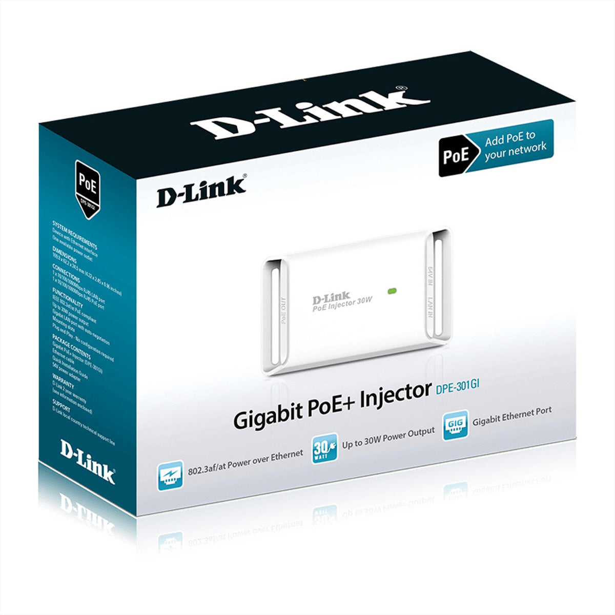 D-Link DPE-301GI PoE Midspan – 30 W PoE+, 2× 1G RJ-45, Desktop