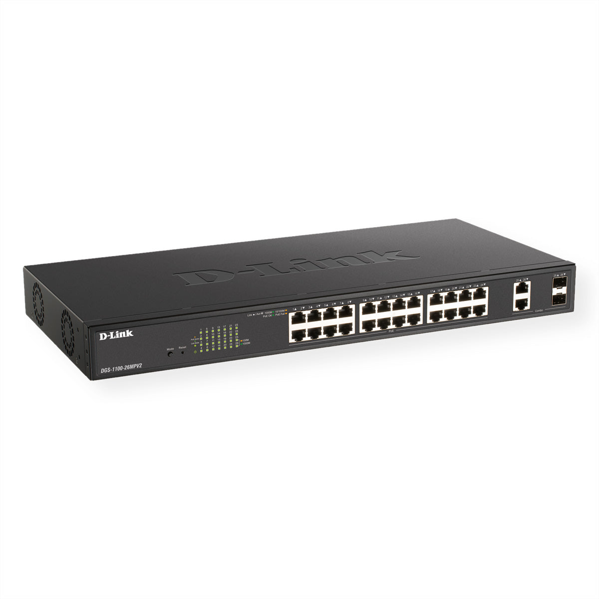 D-Link DGS-1100-26MPV2 – Smart L2 Switch – 24× 1G, 2× SFP, PoE+, PoE-Budget 370 W, 1U