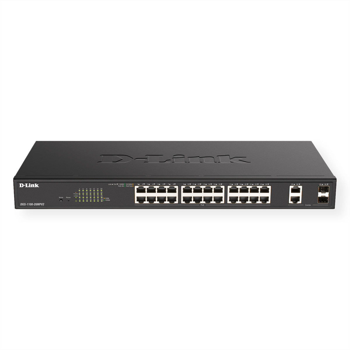 D-Link DGS-1100-26MPV2 – Smart L2 Switch – 24× 1G, 2× SFP, PoE+, PoE-Budget 370 W, 1U