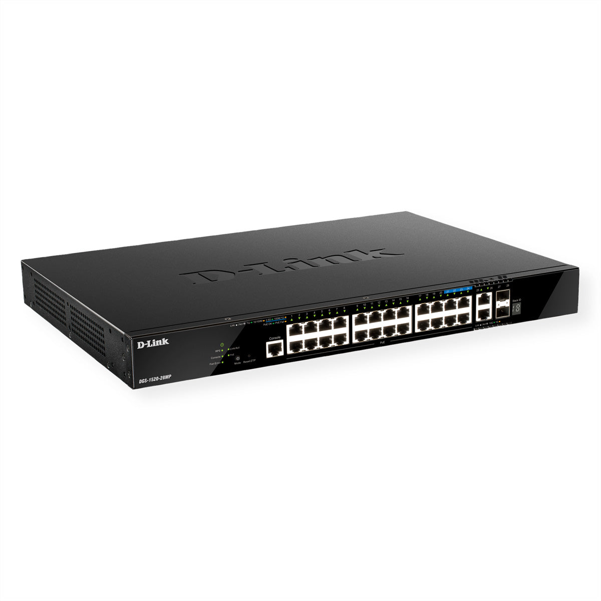 D-Link DGS-1520-28MP/E – Managed PoE+ Switch, 24x RJ-45 1G, 4x 2,5G, 2x 10G, 2x SFP+, PoE 370 W, 1U
