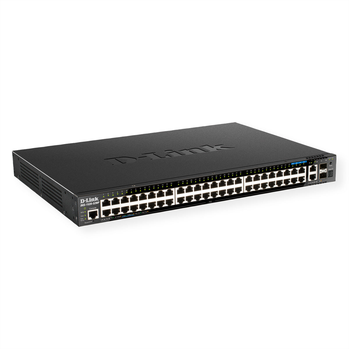 D-Link DGS-1520-52MP/E – Managed Switch – 48×GbE+4×2.5G+2×10G, 2×SFP+, L3, PoE+ 370 W, 1U