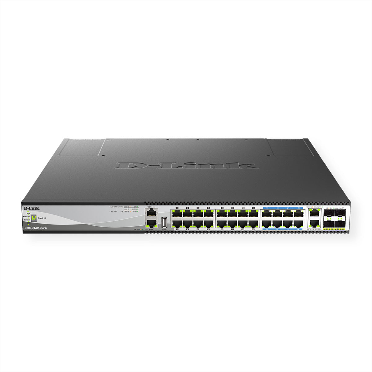 D-Link DMS-3130-30PS/E – Managed Switch – 16×2.5G, 8×5G, 2×10G, 4×SFP28, L3, PoE++ 740 W, 19" Rack