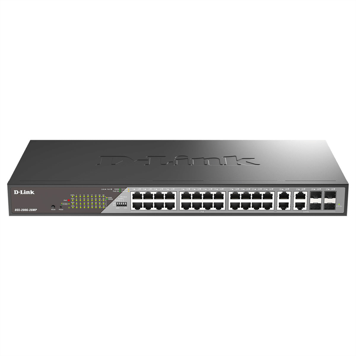 D-Link DSS-200G-28MP/E – Managed L2 Switch – 24× 1G, 4× SFP, PoE, PoE-Budget 370 W, 19", 1U