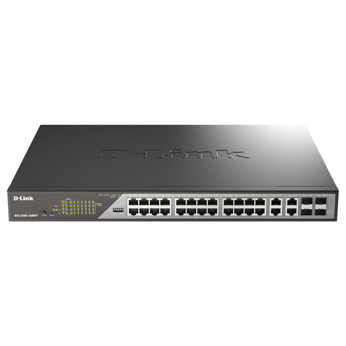 D-Link DSS-200G-28MPP/E – Managed Gigabit Switch, 24x RJ-45, 4x Combo RJ-45/SFP, 24x PoE (30 W/Port, 518 W total)
