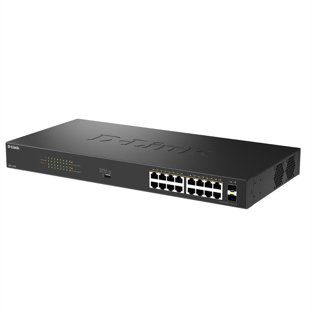 D-Link DGS-1018P – Unmanaged L2 Switch – 16× 1G PoE+, 2× SFP, PoE-Budget 240 W, 19", 1U