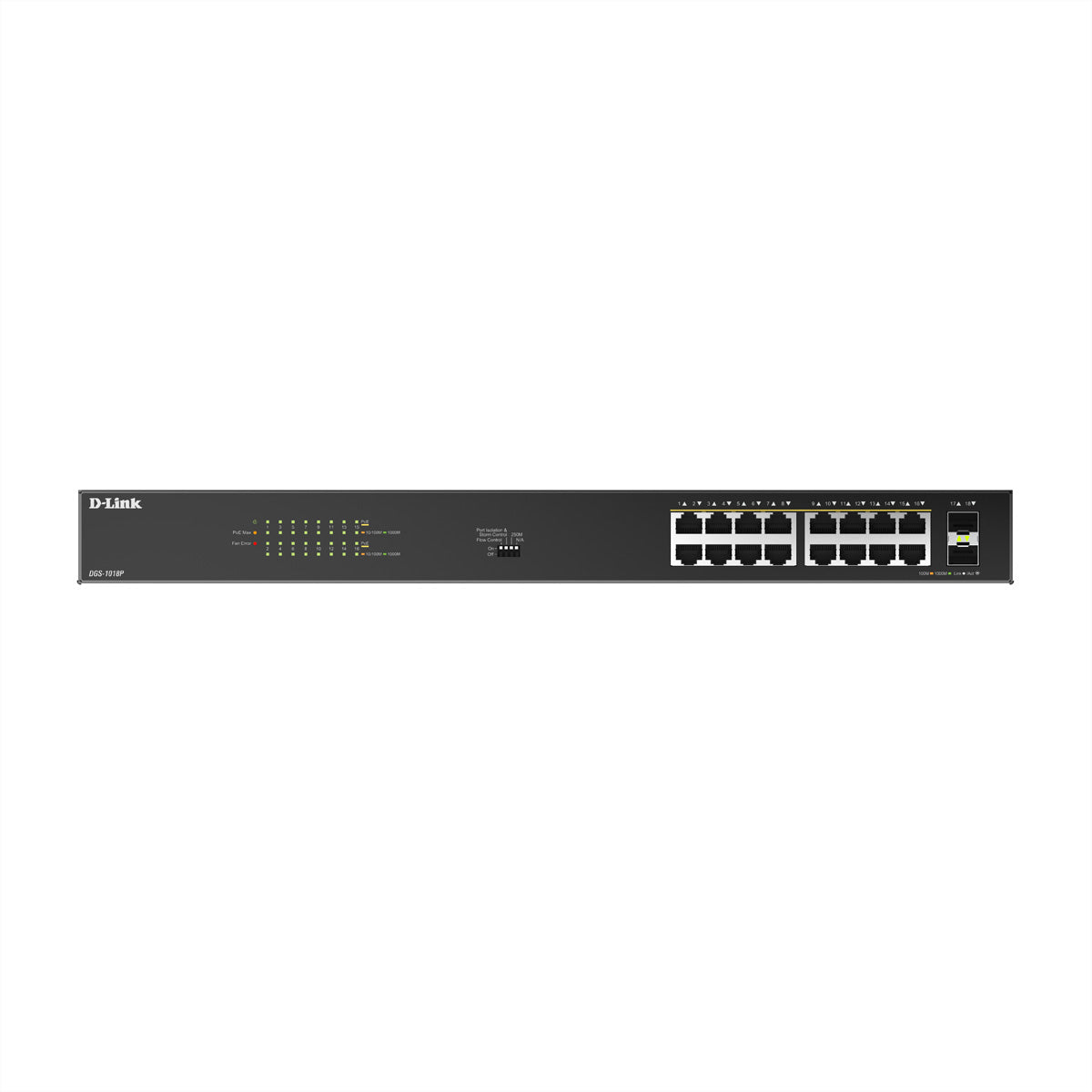 D-Link DGS-1018P – Unmanaged L2 Switch – 16× 1G PoE+, 2× SFP, PoE-Budget 240 W, 19", 1U