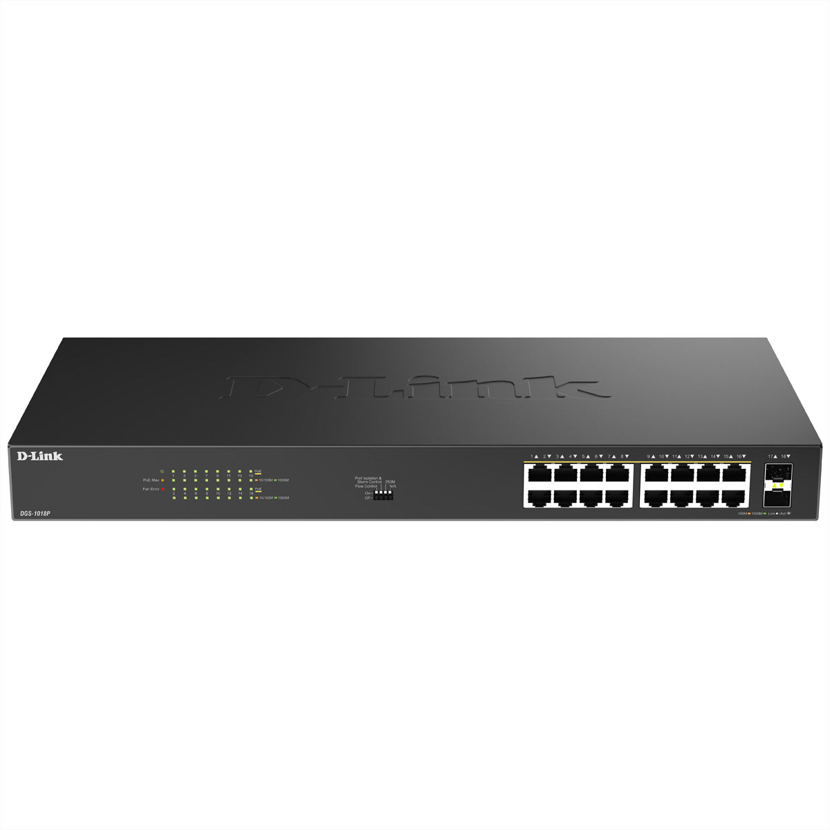 D-Link DGS-1018P – Unmanaged L2 Switch – 16× 1G PoE+, 2× SFP, PoE-Budget 240 W, 19", 1U