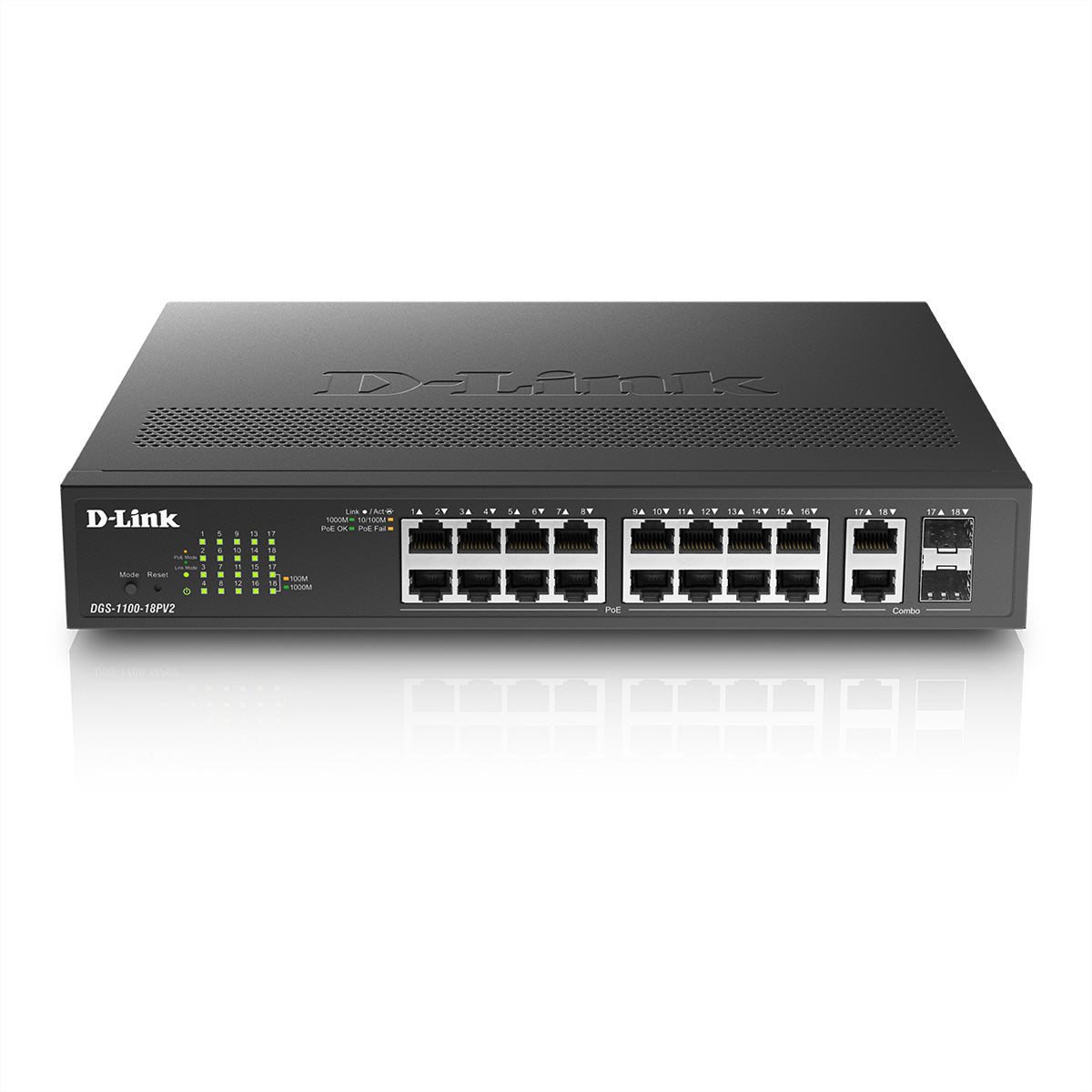 D-Link DGS-1100-18PV2 – Managed Switch – 16×GbE, 2×SFP, L2, PoE+ 130 W, 1U