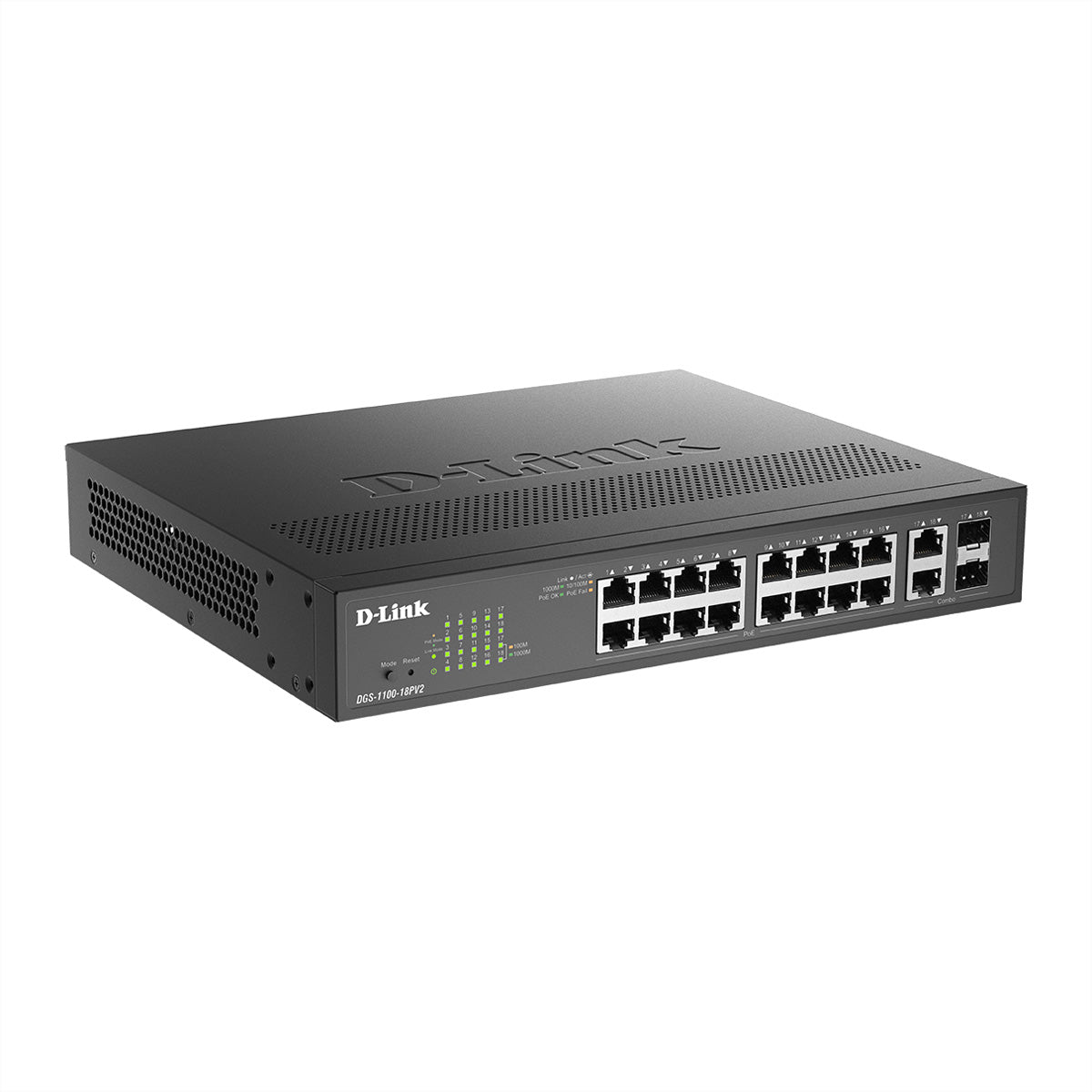 D-Link DGS-1100-18PV2 – Managed Switch – 16×GbE, 2×SFP, L2, PoE+ 130 W, 1U