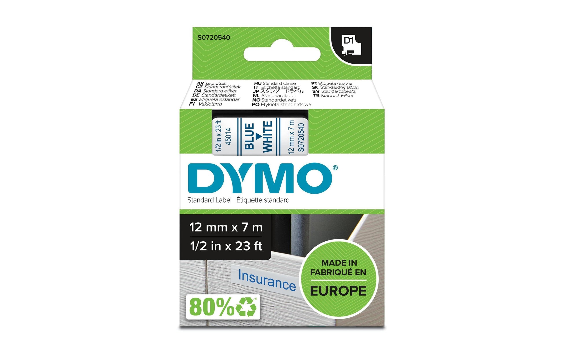 DYMO Schriftband – 12 mm × 7 m, weiss, blau – D1-TAPE