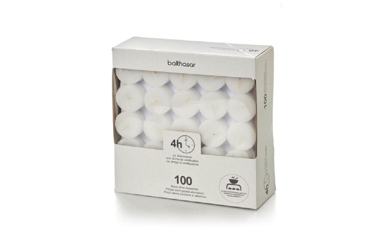 Balthasar Teelichter – Ø 3,8 × 1,6 cm – weiss, 4 h – 100 Stück