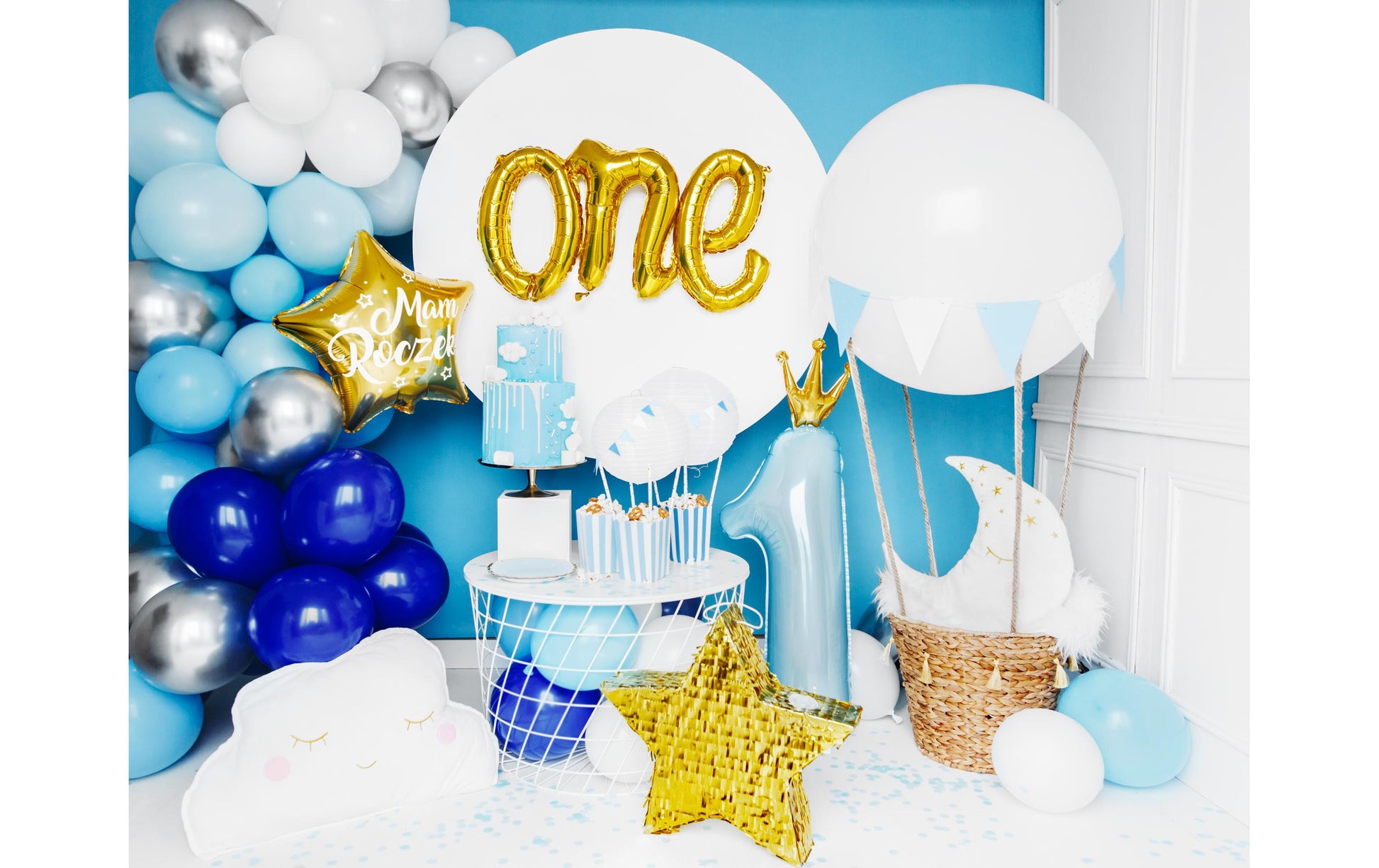 PartyDeco Ballon-Girlande Geburt – Blau, Silber, Weiss – 200 cm – Latex – 60 Stk