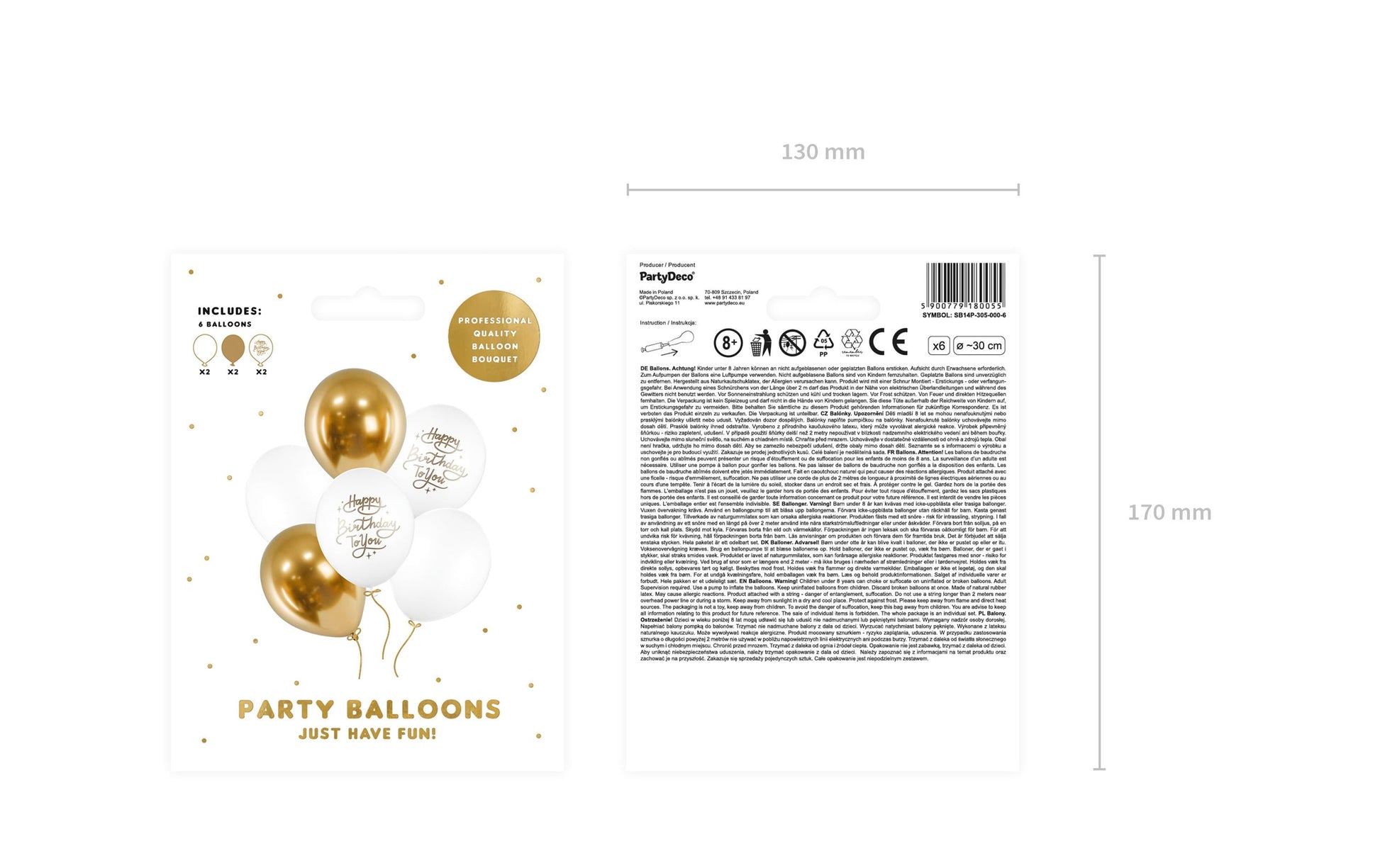 PartyDeco Luftballons Happy Birthday – Weiss – Ø 30 cm – Latex – 6 Stk