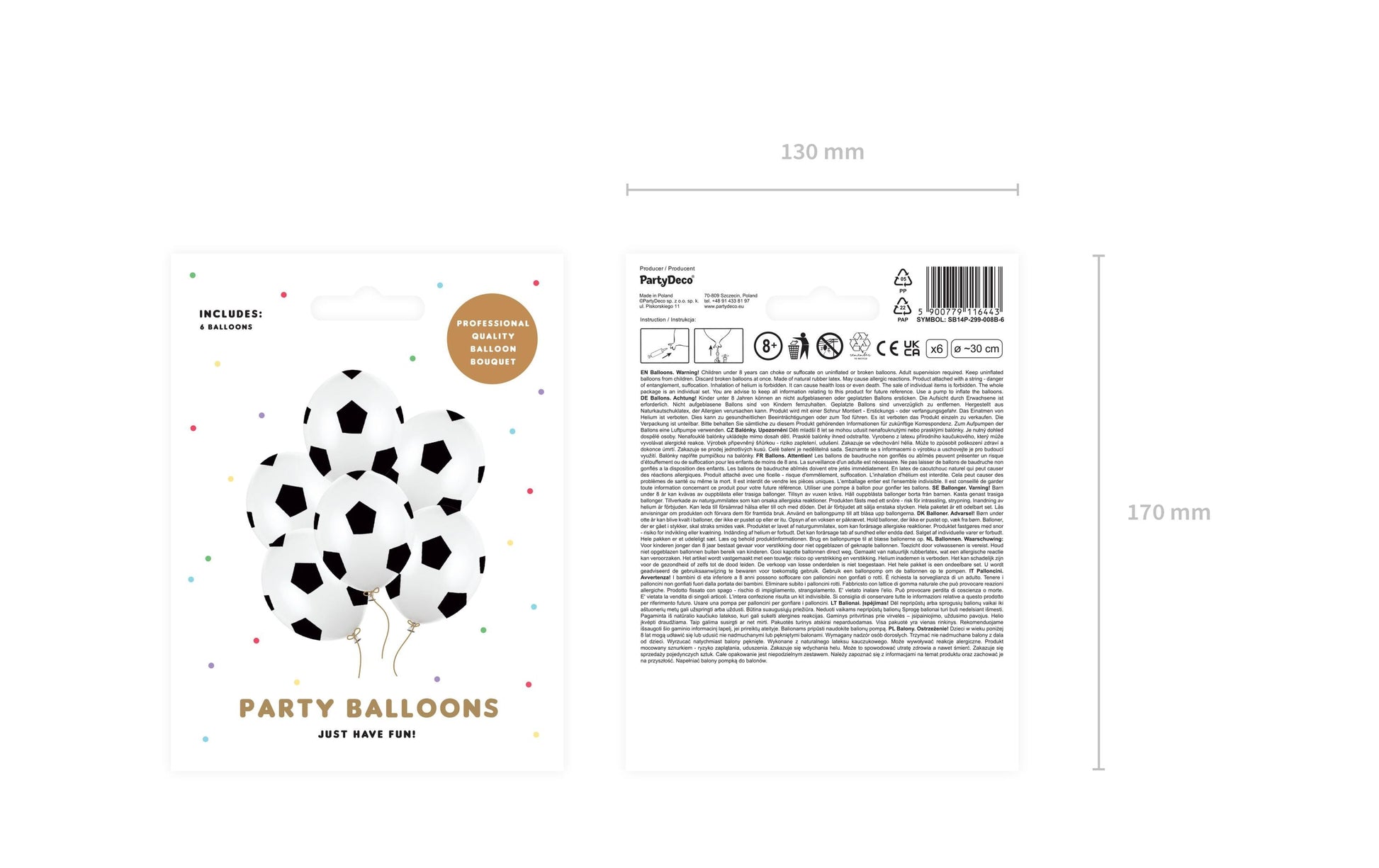 PartyDeco Luftballons Fussball – schwarz-weiss – Ø 30 cm – Latex – 6 Stk