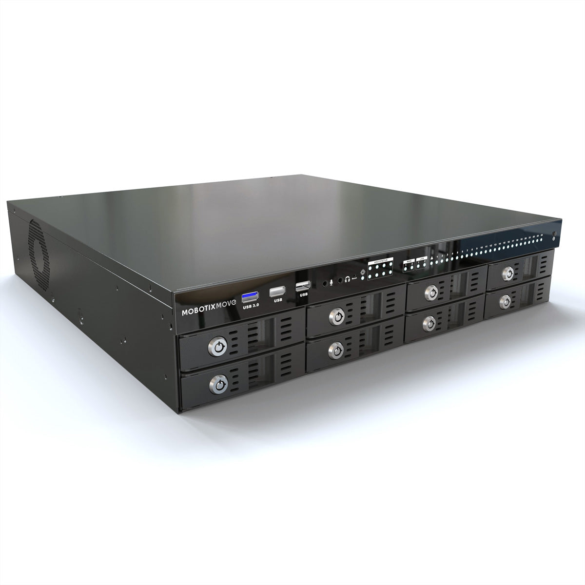 MOBOTIX MOVE NVR 64-Kanal Netzwerk-Videorekorder – 24 PoE – 4096 × 2304 – 8× 3,5" SATA – RAID 0/1/5/10 – 19" Rack