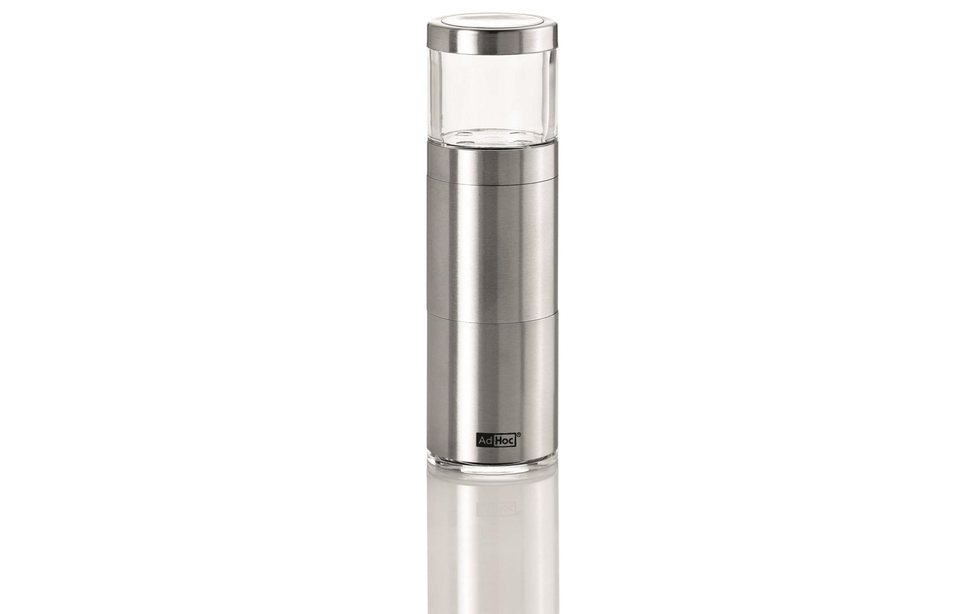 AdHoc PM87 – Muskatmühle, Ø 3,8 × 12,5 cm, Edelstahl/Kunststoff, Silber/Transparent