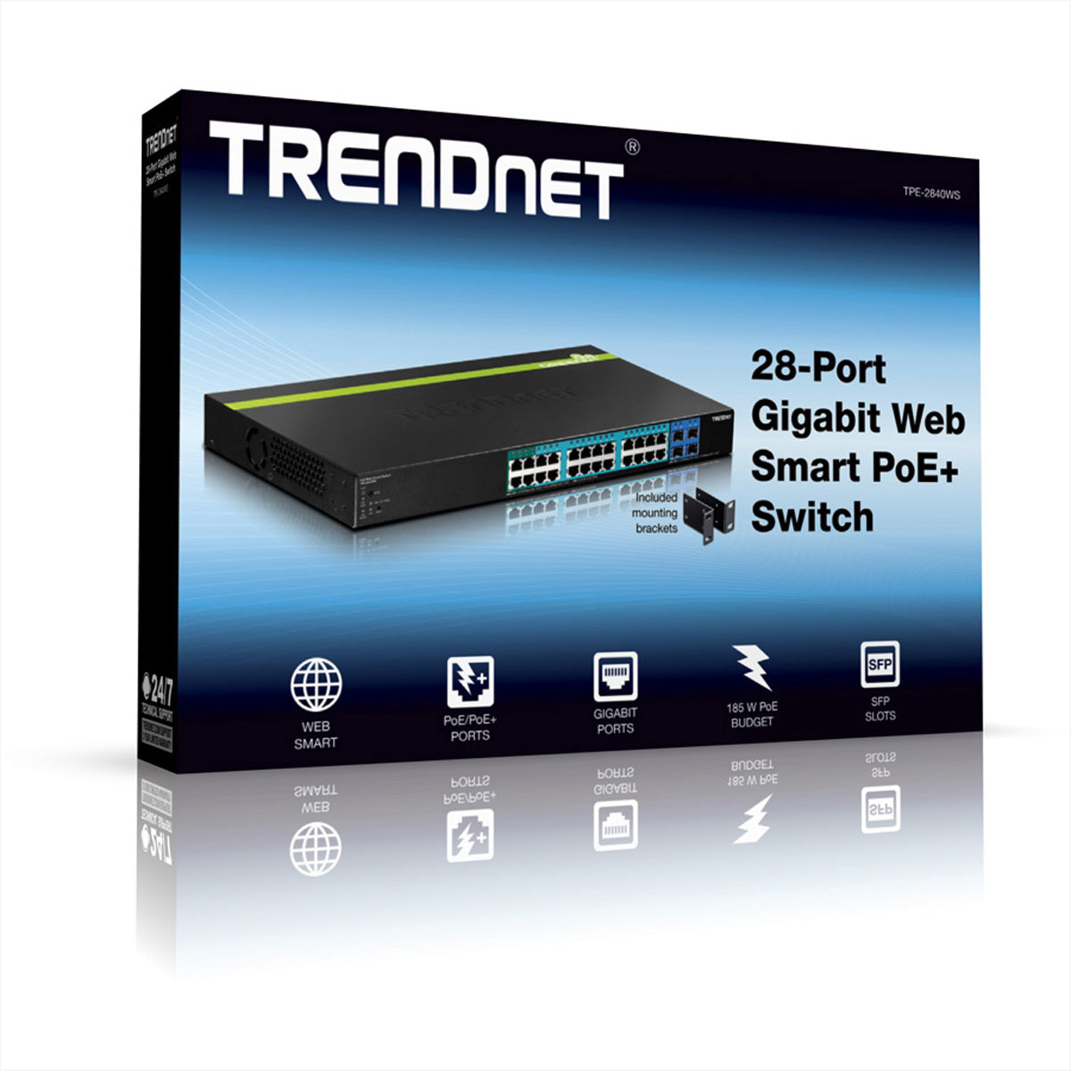 Trendnet TPE-2840WS – Smart Switch – 24× 1G, 4× SFP, PoE/PoE+, PoE-Budget 185 W, 19", 1U
