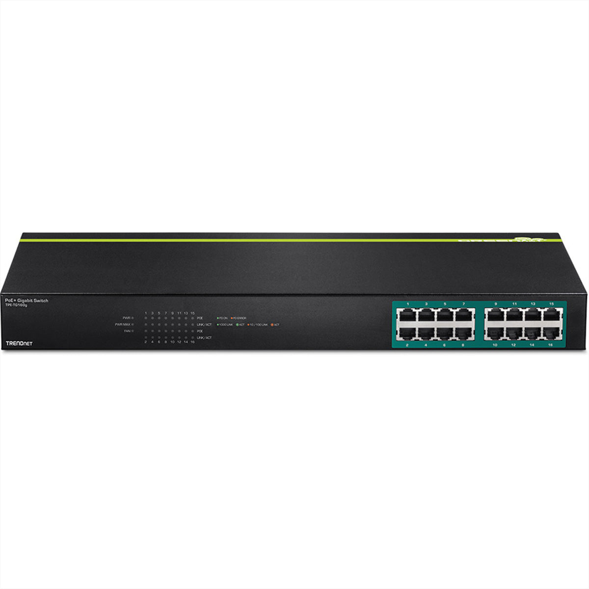 Trendnet TPE-TG160g – Unmanaged L2 Switch – 16× 1G, PoE+, PoE-Budget 246 W, 19", 1U