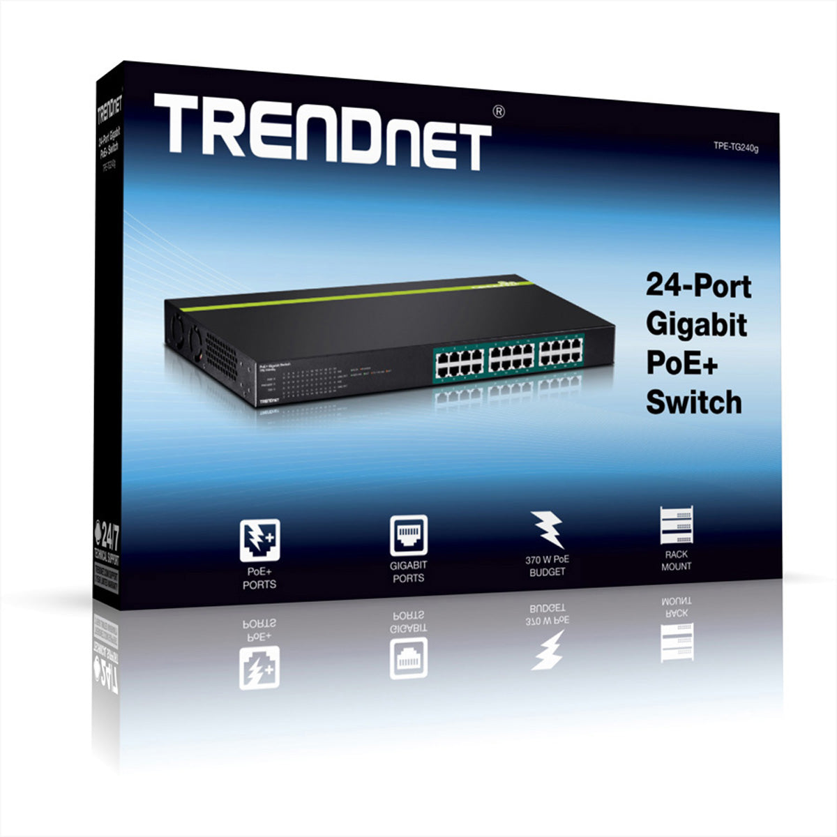 Trendnet TPE-TG240g – Unmanaged L2 Switch – 24× 1G, PoE+, PoE-Budget 370 W, 19", 1U