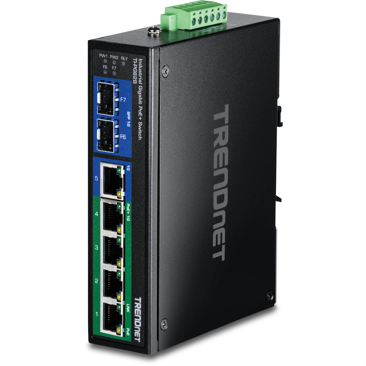 TRENDnet TI-PG62B – Unmanaged L2 Switch – 5× 1G (4× PoE+), 2× SFP, PoE-Budget 120 W, DIN-Rail