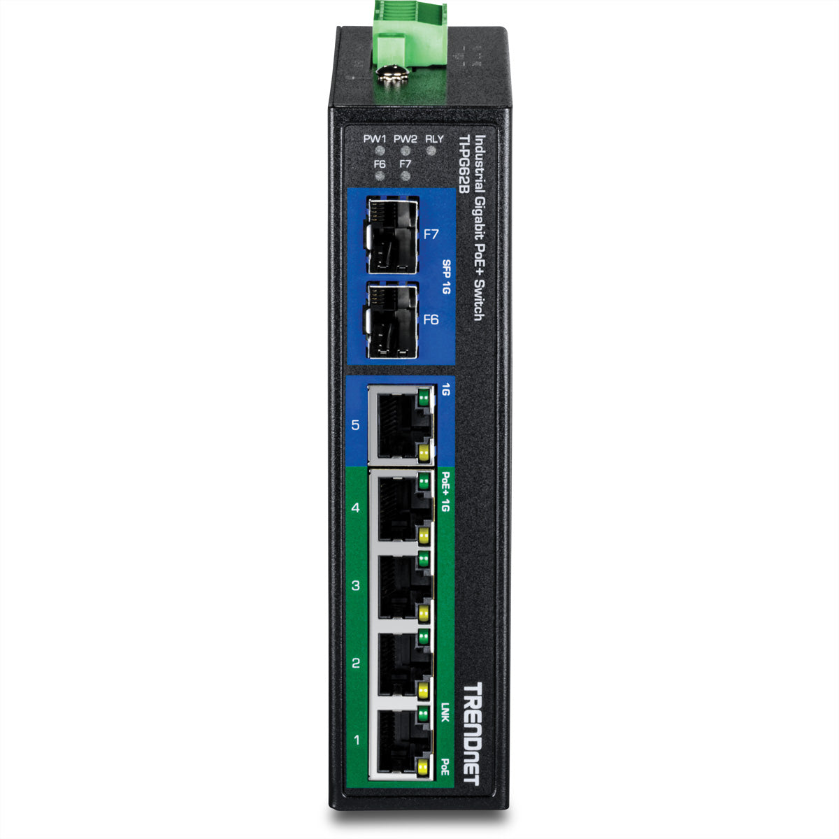 TRENDnet TI-PG62B – Unmanaged L2 Switch – 5× 1G (4× PoE+), 2× SFP, PoE-Budget 120 W, DIN-Rail