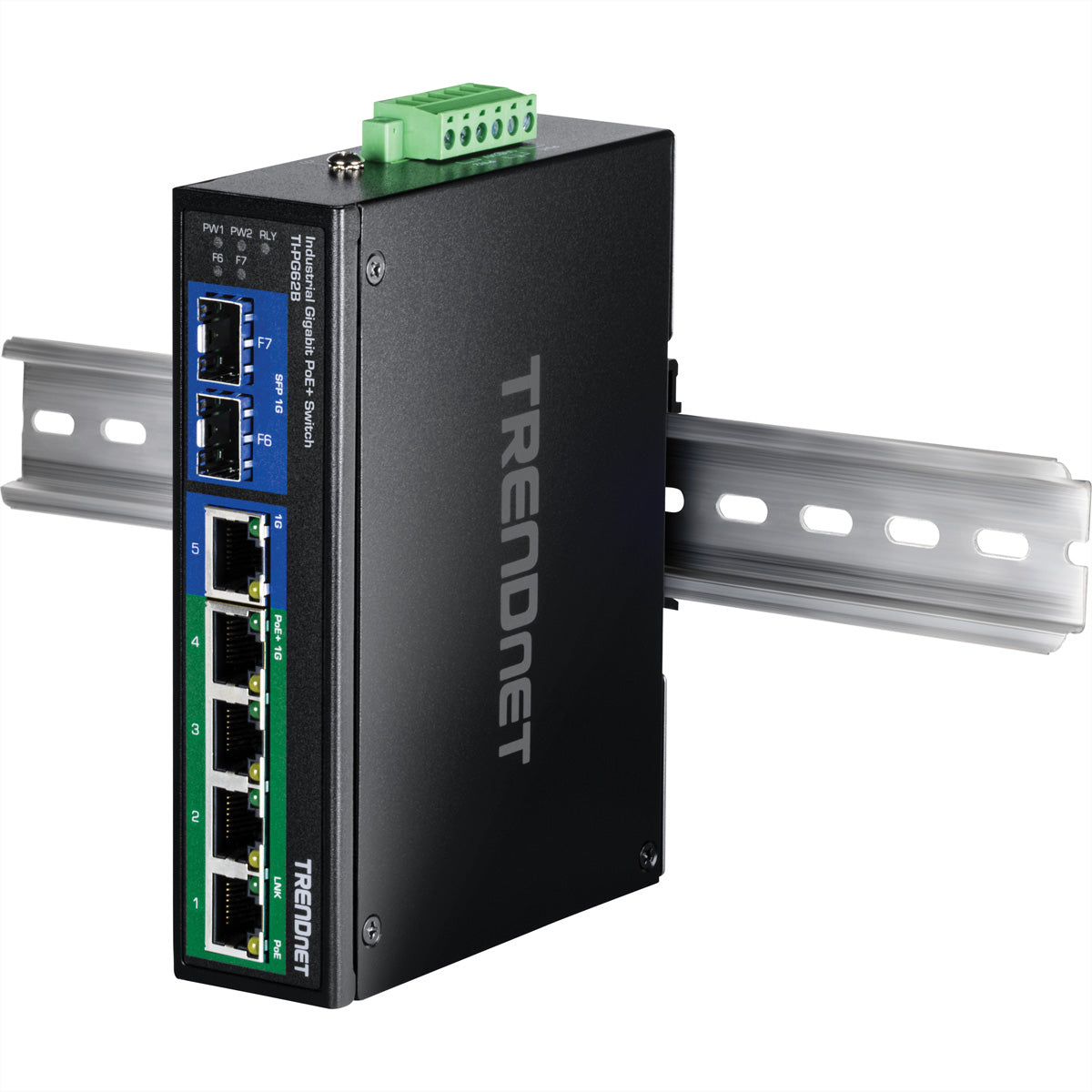 TRENDnet TI-PG62B – Unmanaged L2 Switch – 5× 1G (4× PoE+), 2× SFP, PoE-Budget 120 W, DIN-Rail