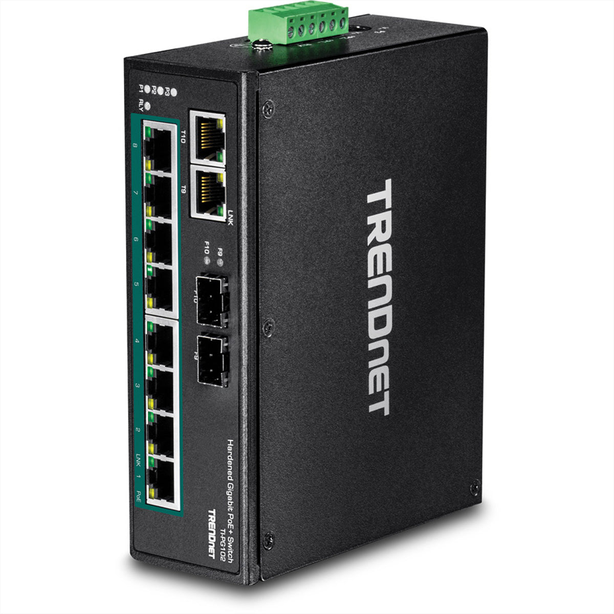 TRENDnet TI-PG102 – Unmanaged Switch – 8× 1G PoE+, 2× 1G (RJ-45/SFP shared), PoE-Budget 240 W, DIN-Rail