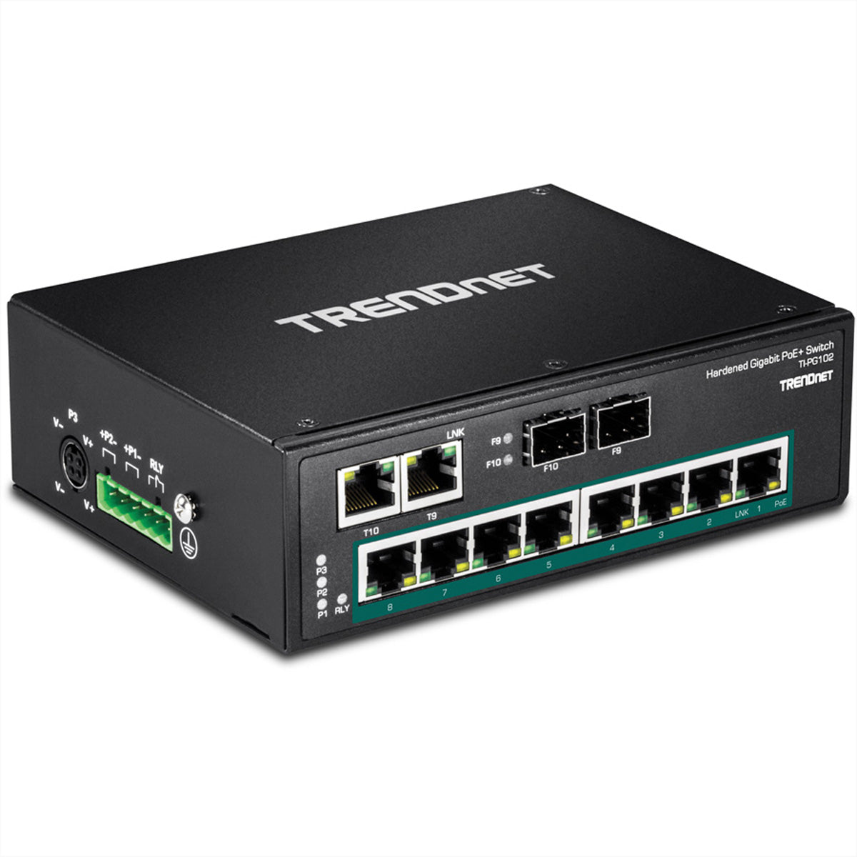 TRENDnet TI-PG102 – Unmanaged Switch – 8× 1G PoE+, 2× 1G (RJ-45/SFP shared), PoE-Budget 240 W, DIN-Rail