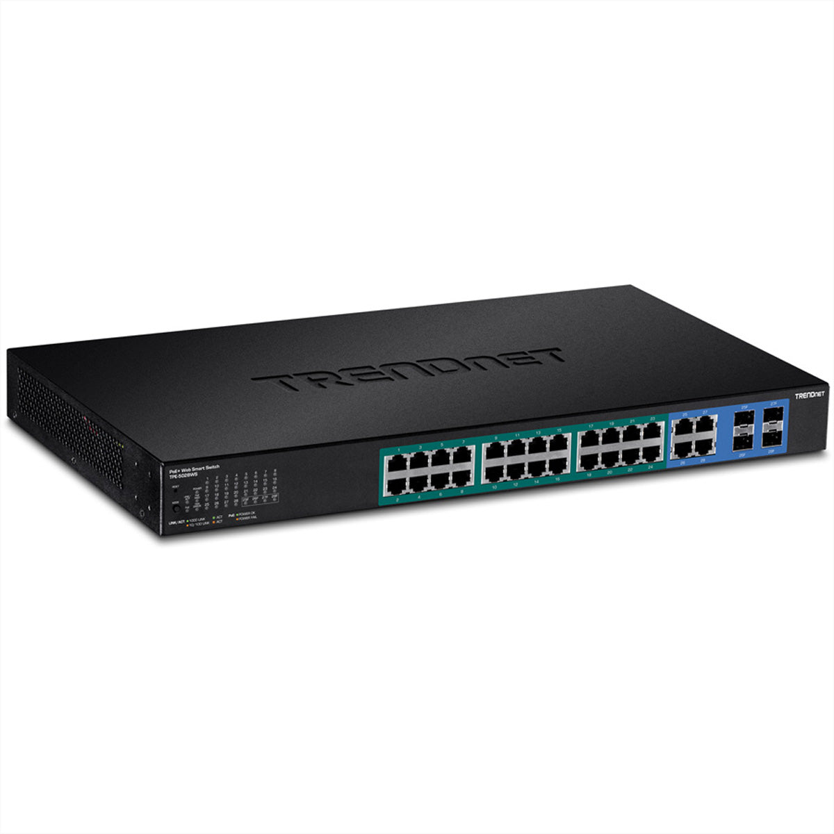TRENDnet TPE-5028WS – Managed Switch – 24× 1G, 4× SFP (Combo), PoE+, PoE-Budget 370 W, 19", 1U