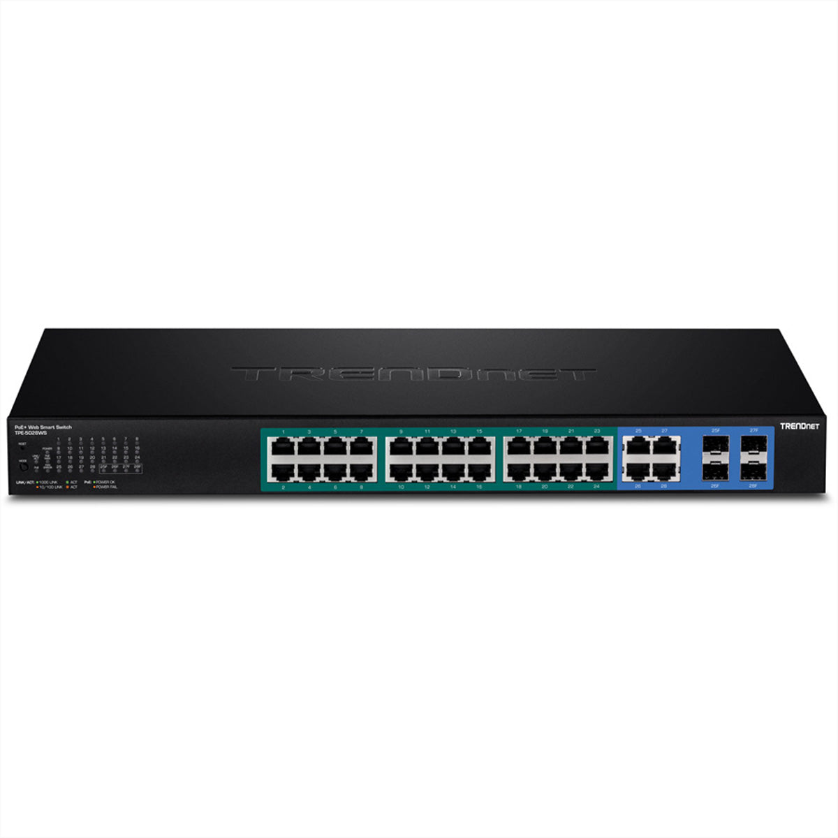 TRENDnet TPE-5028WS – Managed Switch – 24× 1G, 4× SFP (Combo), PoE+, PoE-Budget 370 W, 19", 1U