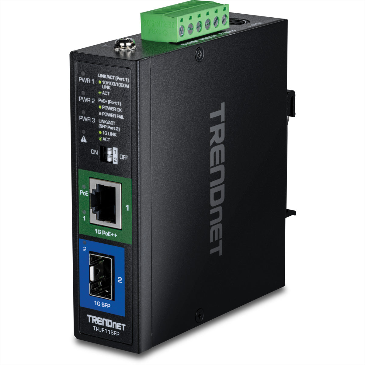 TRENDnet TI-UF11SFP Medienkonverter SFP zu RJ-45 – Gigabit, 60 W PoE – IP30 – für IP-Kameras/VoIP/APs