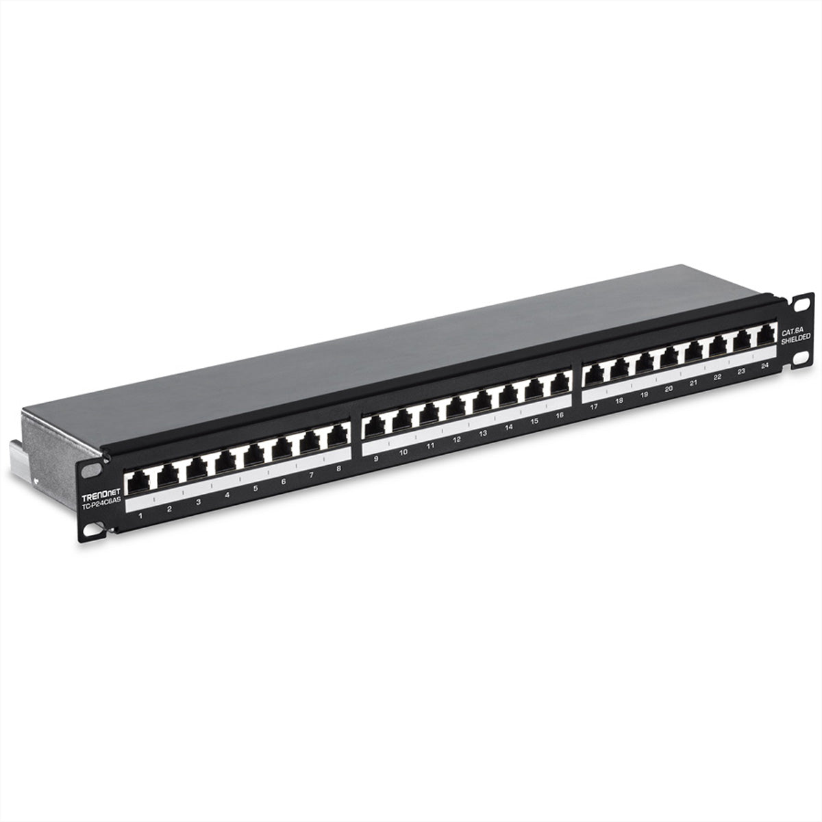 TRENDnet TC-P24C6AS Patchpanel – Cat6A (Klasse EA), 24× RJ-45, geschirmt, 1U, schwarz, für Cat6A, Cat6, Cat5e