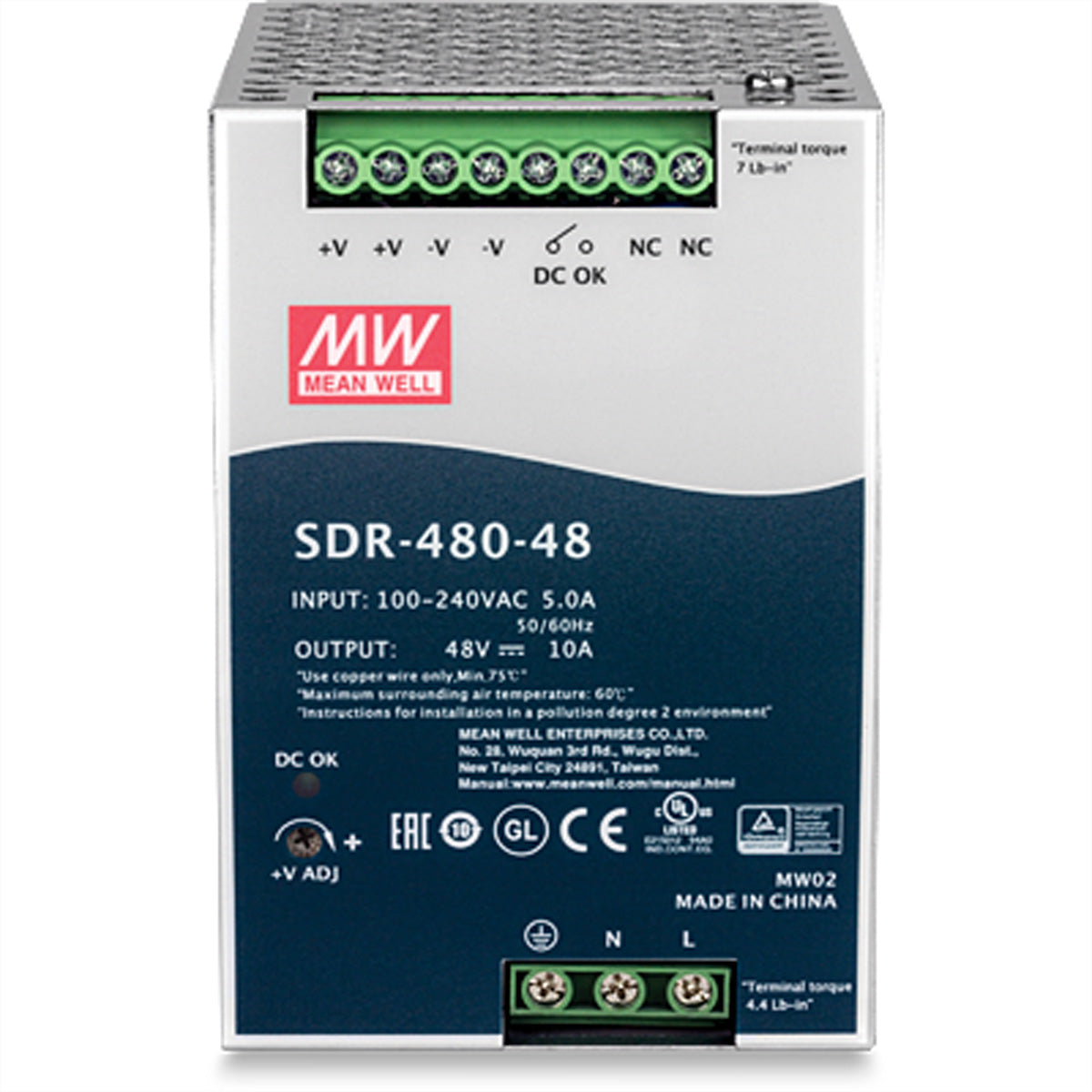 TRENDnet TI-S48048 DIN-Schienen-Netzteil 480 W (48 V, 10 A) – Aktiver PFC, 94% Wirkungsgrad, Kurzschluss-/Überlastschutz