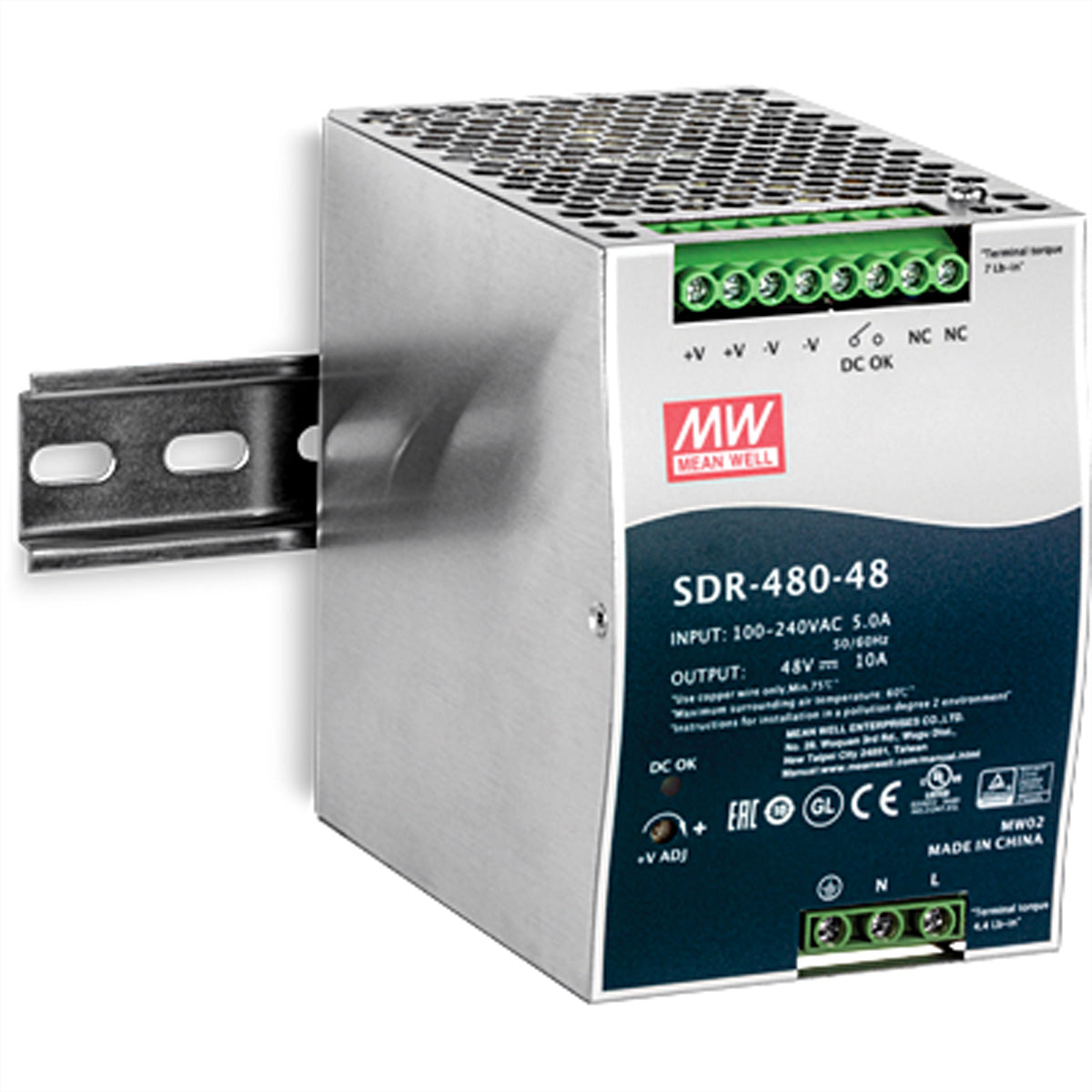 TRENDnet TI-S48048 DIN-Schienen-Netzteil 480 W (48 V, 10 A) – Aktiver PFC, 94% Wirkungsgrad, Kurzschluss-/Überlastschutz