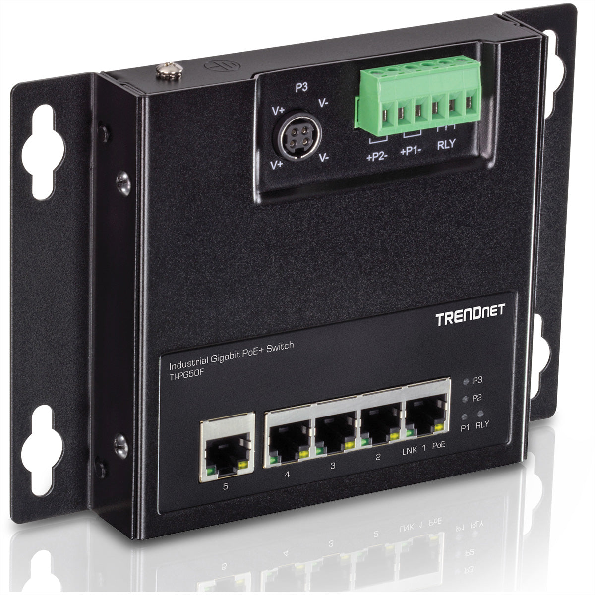 TRENDnet TI-PG50F – Netzwerkswitch – 5×GbE, 4×PoE+, 120 W, IP30, Wandmontage