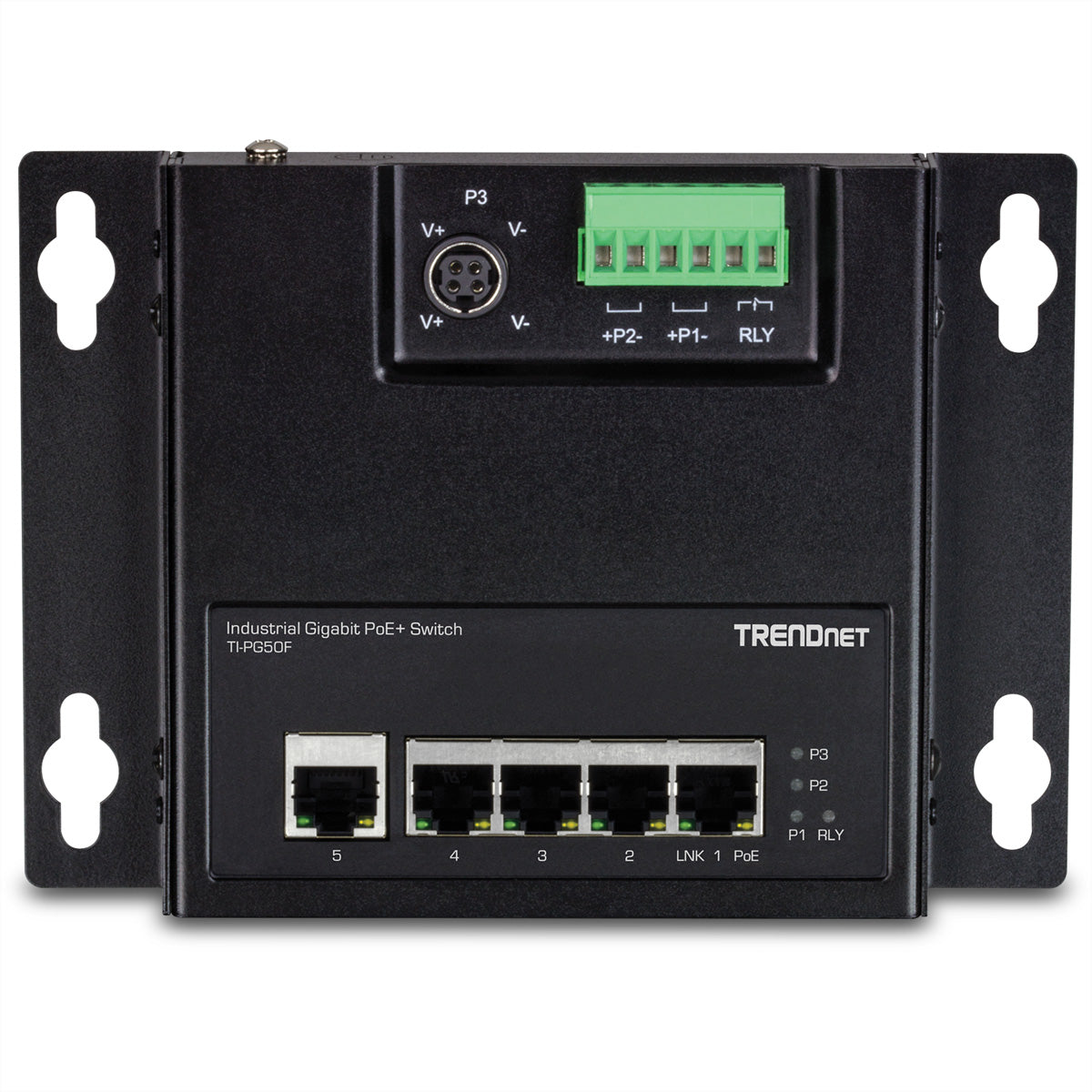 TRENDnet TI-PG50F – Netzwerkswitch – 5×GbE, 4×PoE+, 120 W, IP30, Wandmontage