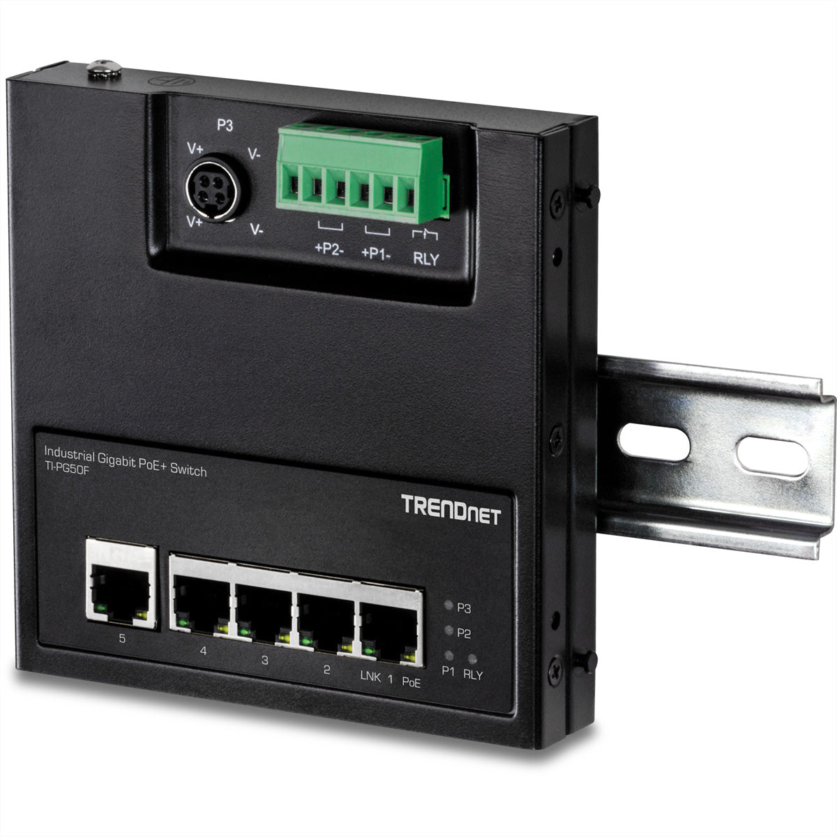 TRENDnet TI-PG50F – Netzwerkswitch – 5×GbE, 4×PoE+, 120 W, IP30, Wandmontage