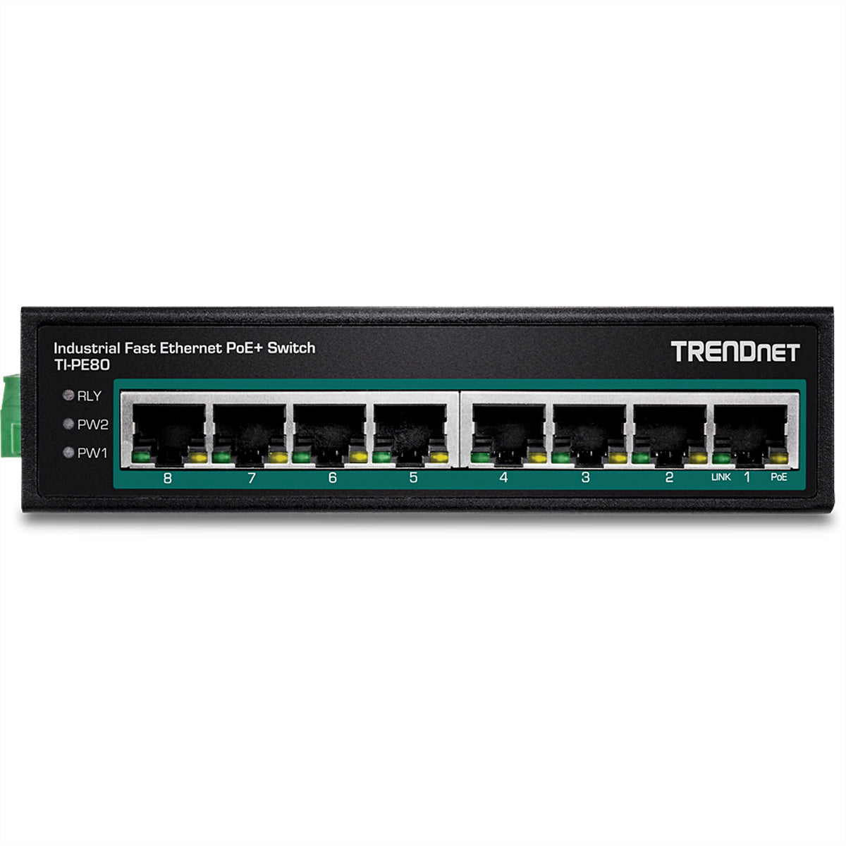 TRENDnet TI-PE80 – Unmanaged Switch – 8× Fast Ethernet, PoE+ (8×), PoE-Budget 200 W, DIN-Schiene