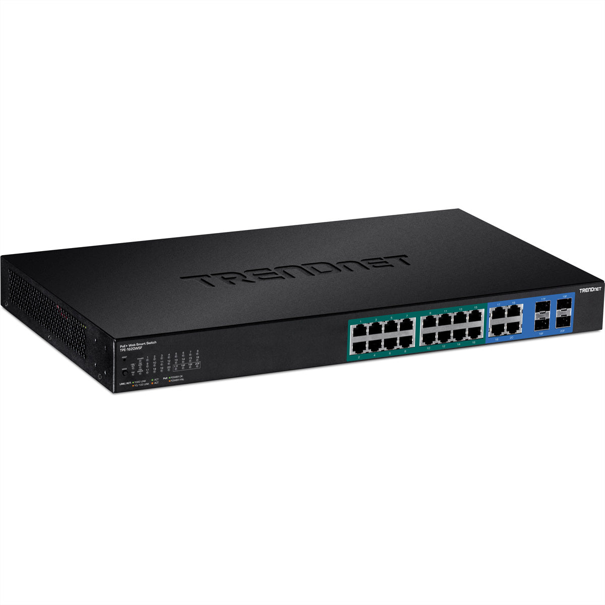 TRENDnet TPE-1620WSF – Smart L2/L3 Switch – 16× 1G PoE+, 4× 1G (RJ-45/SFP), PoE-Budget 370 W, 19", 1U