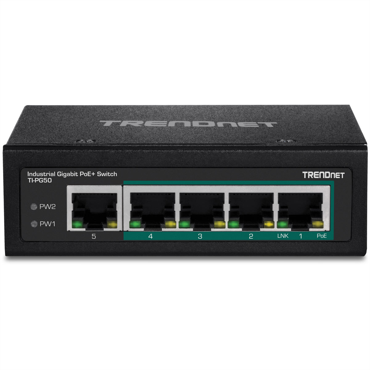 TRENDnet TI-PG50 – Unmanaged L2/L3 Switch – 4× 1G PoE+, 1× 1G, PoE-Budget 120 W, DIN-Rail