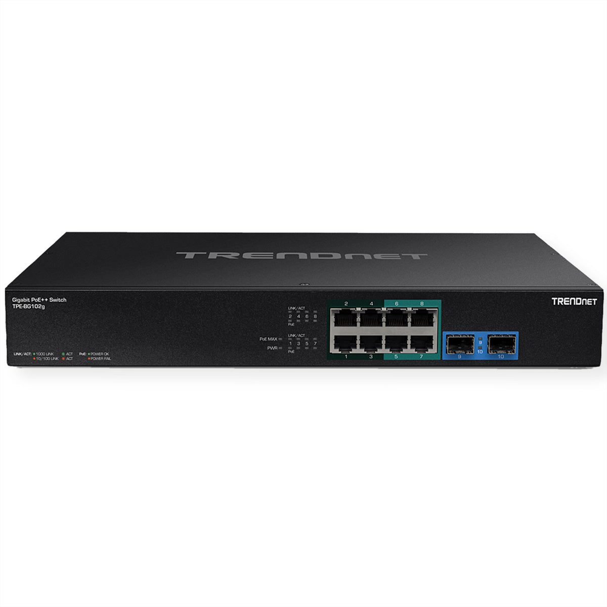 Trendnet TPE-BG102G – Unmanaged Switch – 8× 1G, 2× SFP, PoE++, PoE-Budget 240 W, 19", 1U