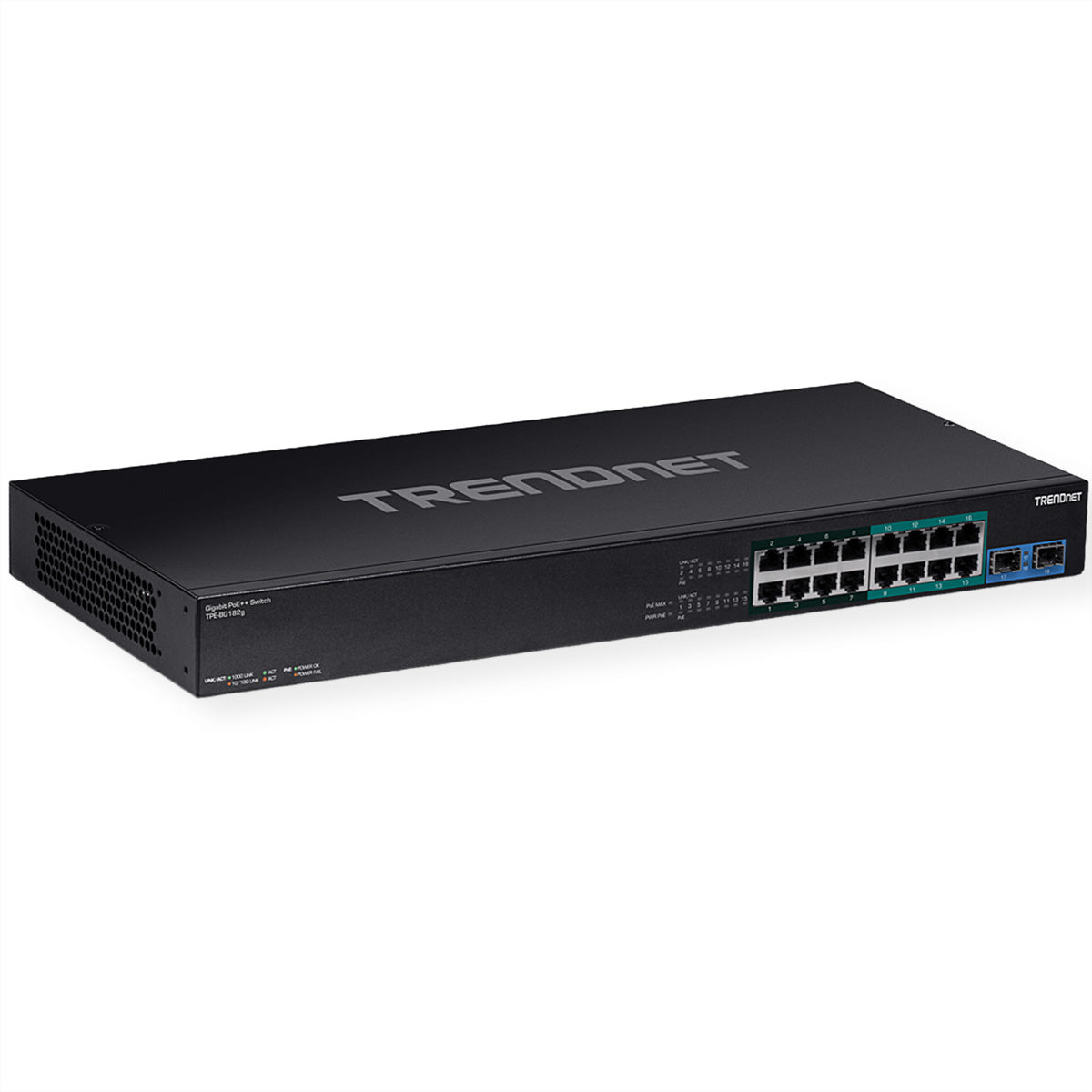 Trendnet TPE-BG182G – Unmanaged Switch – 16× 1G, 2× SFP, PoE++/PoE+, PoE-Budget 470 W, 19", 1U